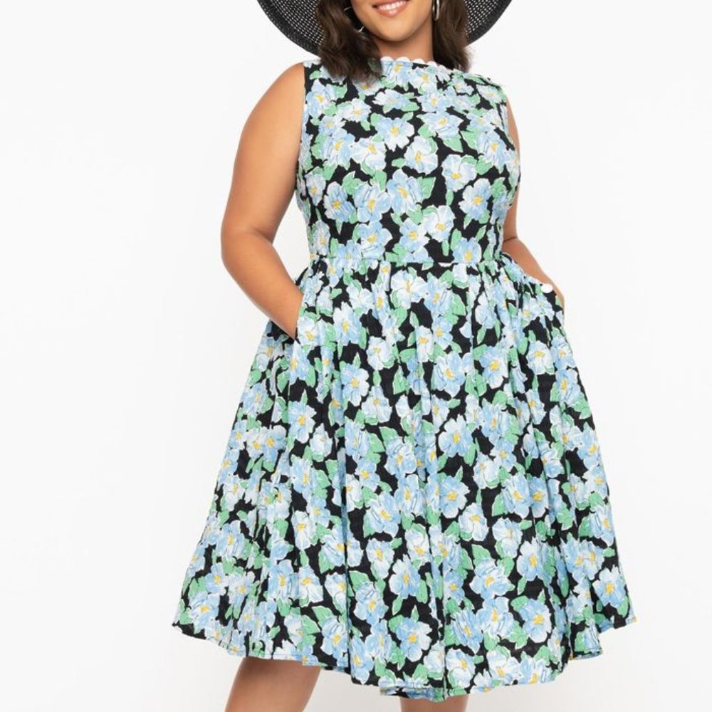 Black & Blue Floral Print Livvie Pinup Retro Swing Dress by Unique Vintage